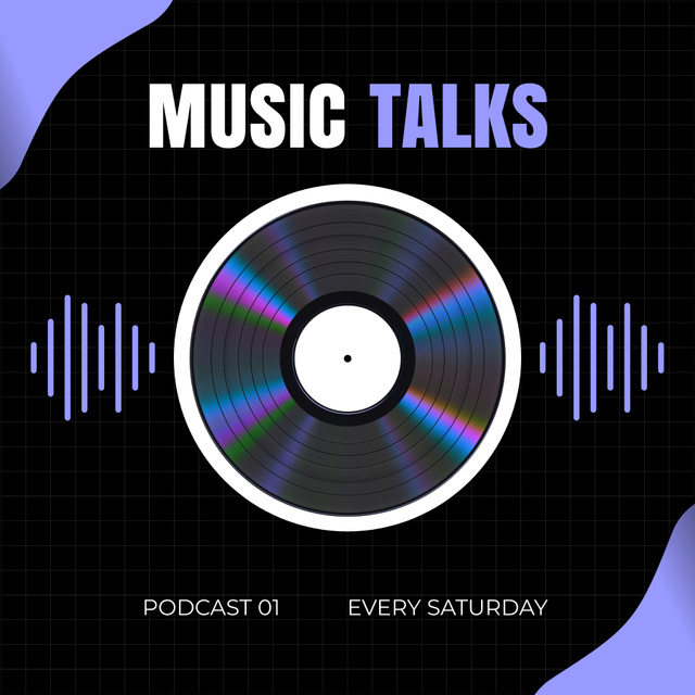 Vinyl disc surrounded with purple graphic elements and titles Podcast Cover – шаблон для дизайна