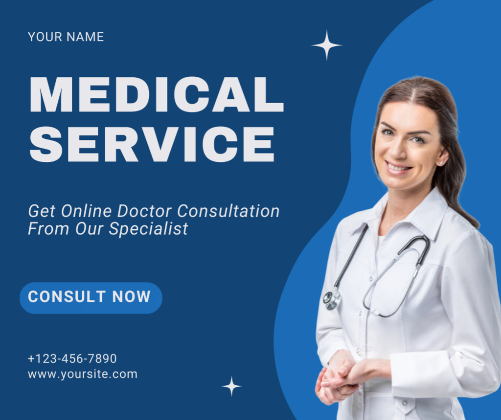 Medical Service Ad with Friendly Doctor with Stethoscope Facebook Tasarım Şablonu