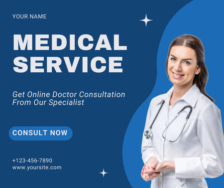 Template di design Annuncio di servizio medico con medico amichevole con stetoscopio Facebook