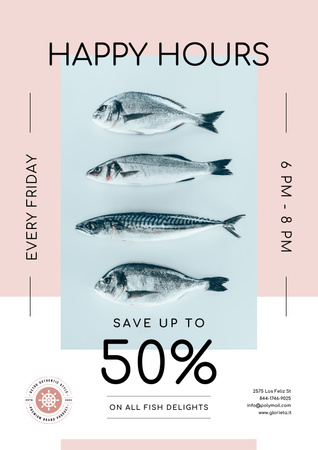 Happy Hours Offer on Fresh Fish Poster Design Template