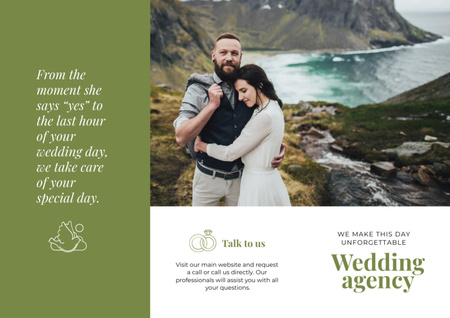 Wedding Agency Services with Happy Newlyweds in Majestic Mountains Brochure Din Large Z-fold Šablona návrhu
