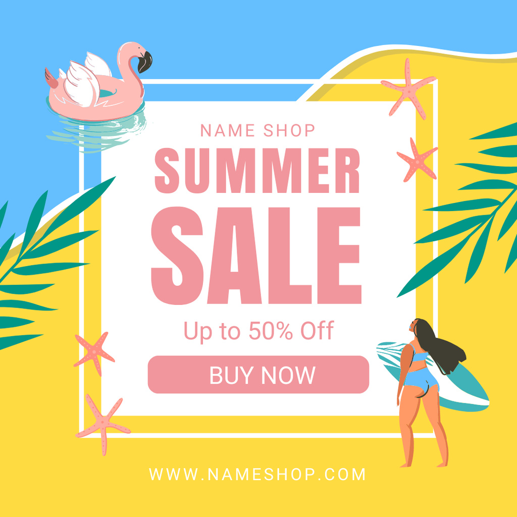 Summer Special Sale Offer with Beach Illustration Instagramデザインテンプレート