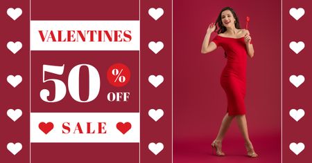 Valentine's Day Discount with Beautiful Woman in Red Dress Facebook AD Design Template