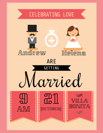 Wedding Invitation with Bright Illustration of Groom and Bride Flyer 8.5x11in Design Template