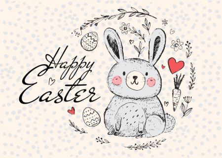 Happy Easter Greeting with Cute Bunny in Wreath Postcard Tasarım Şablonu