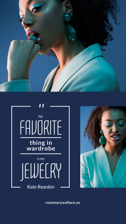 Цитата про ювелирные изделия с Женщиной в стильных серьгах на голубом Instagram Story – шаблон для дизайна