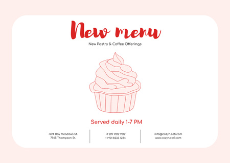 Designvorlage Neue Speisekarte mit Illustration eines süßen rosa Cupcakes für Poster A2 Horizontal