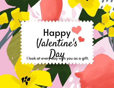 Happy Valentine's Day Greeting with Colorful Flowers Pattern Thank You Card 5.5x4in Horizontal Design Template