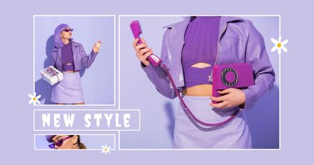 Designvorlage Modeanzeige mit Frau im lila Outfit für Facebook AD