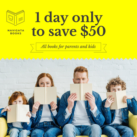 Bookshop Ad Family with Kids Reading Instagram Design Template