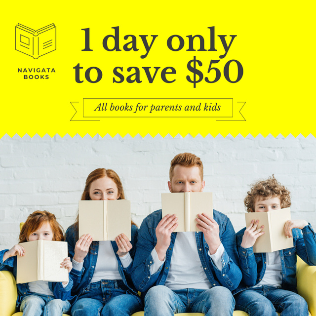 Bookshop Ad Family with Kids Reading Instagramデザインテンプレート