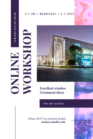 Designvorlage Design Workshop ad with modern glass Building für Invitation 6x9in