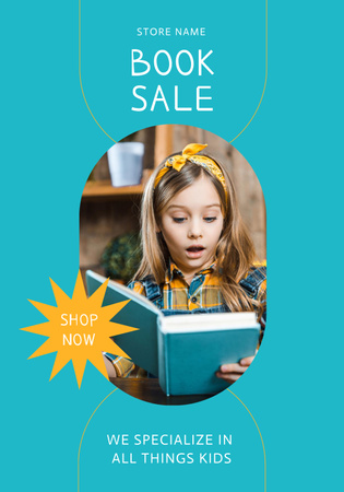 Book Sale Announcement With Cute Girl on Blue Poster 28x40in Design Template