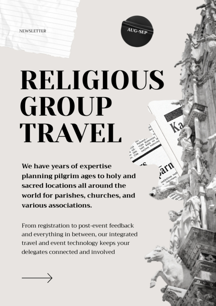 Religious Group Travel Announcement Newsletter Modelo de Design