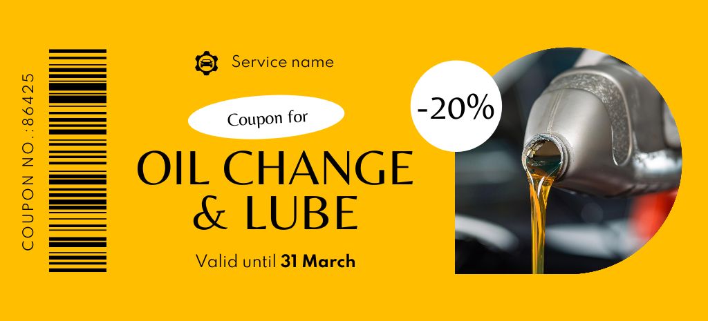 Discount Offer of Car Oil Change Supplies and Lube on Yellow Coupon 3.75x8.25in Design Template
