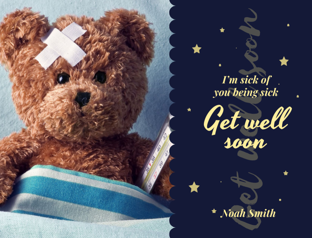 Ontwerpsjabloon van Postcard 4.2x5.5in van Cute Sick Teddy Bear With Thermometer And Patch