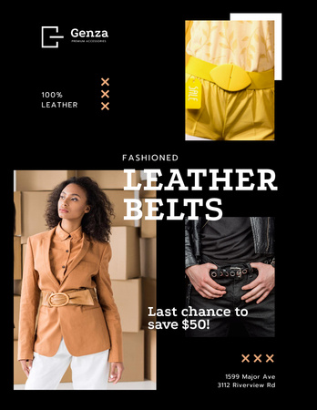 Plantilla de diseño de Anuncio de tienda de accesorios de moda con mujeres en cinturones de cuero Poster 8.5x11in 