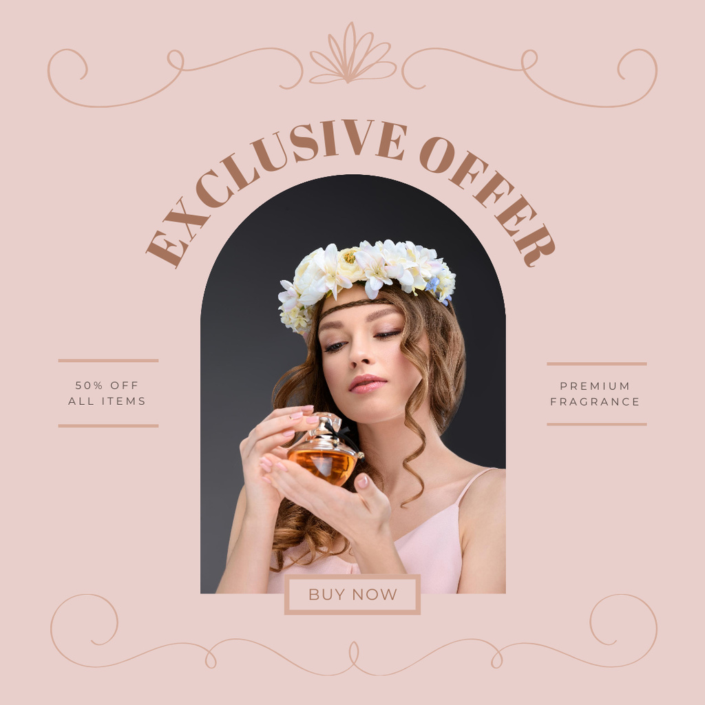 Perfume Ad with Woman in Floral Wreath Instagram tervezősablon