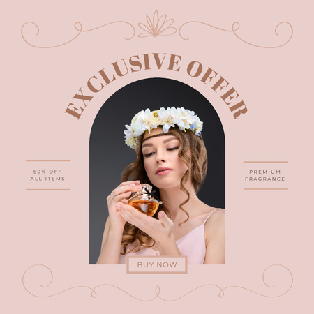 Perfume Ad with Woman in Floral Wreath Instagram Design Template