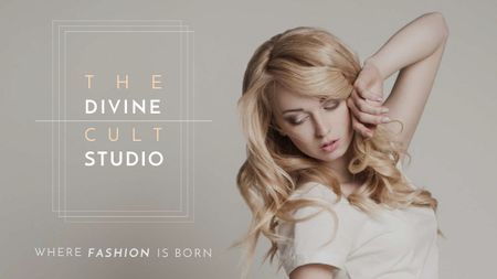 Fashion Studio Ad Blonde Woman in Casual Clothes Title Modelo de Design