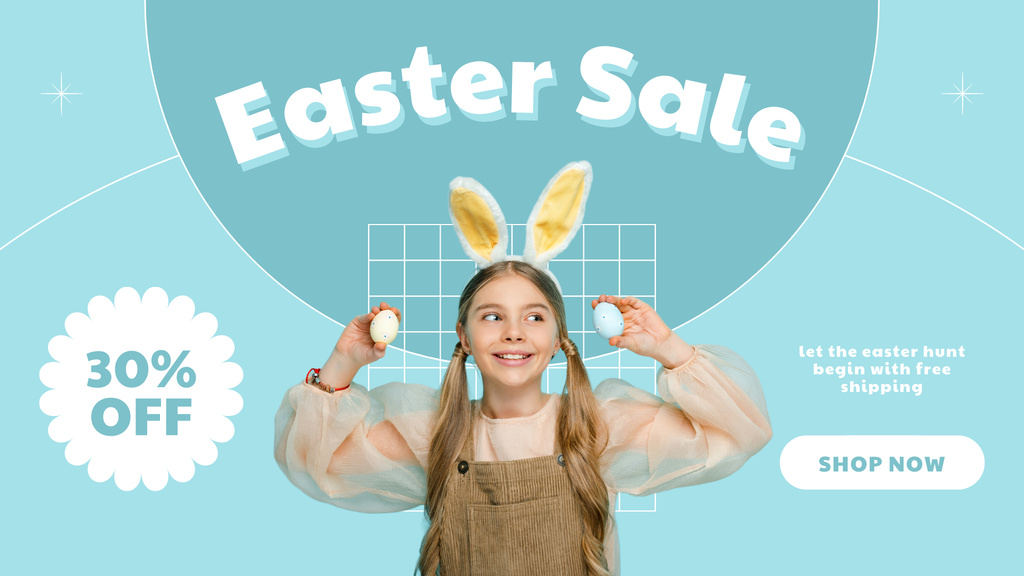 Beautiful Girl with Rabbit Ears and Eggs for Easter Sale FB event cover – шаблон для дизайну