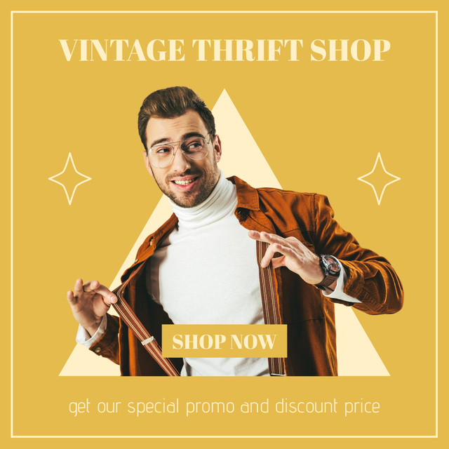 Hipster man for vintage thrifting shop yellow Instagram Design Template
