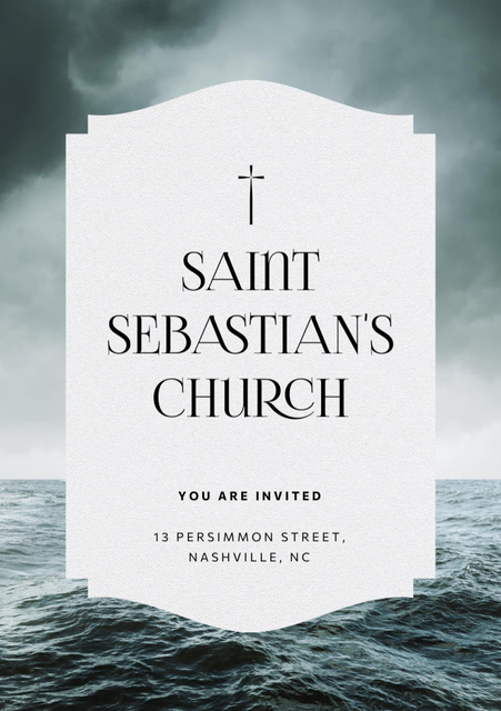 Church Invitation with Christian Cross and Ocean Waves Flyer A5 Design Template