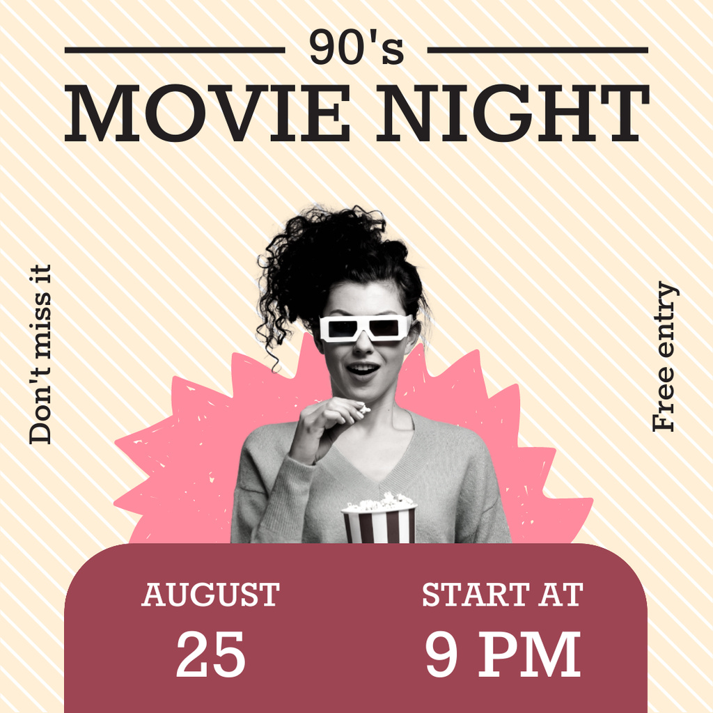 Movie Night Announcement with Woman in 3D Glasses Instagram Design Template