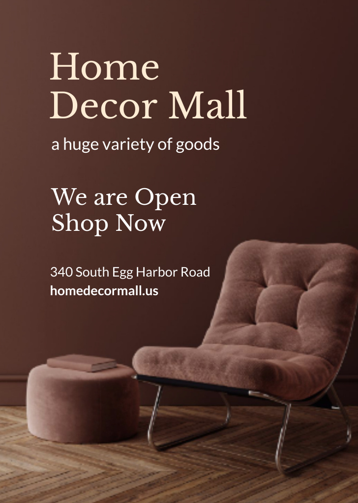 Designvorlage Home Decor Mall Ad With Soft Brown Armchair für Postcard A6 Vertical