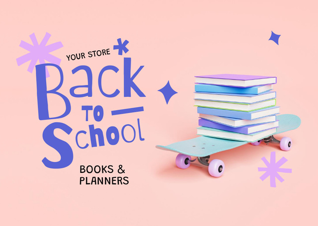 Plantilla de diseño de Back to School Announcement with Books on Skateboard Postcard 