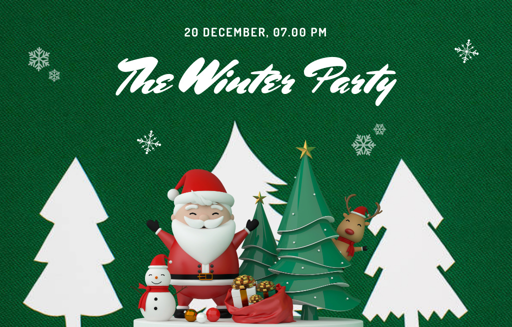 Winter Party Announcement With Santa And Snowman Invitation 4.6x7.2in Horizontal Design Template