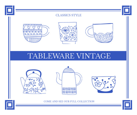 Illustrated Vintage Tableware Offer In Antique Shop Facebook Design Template
