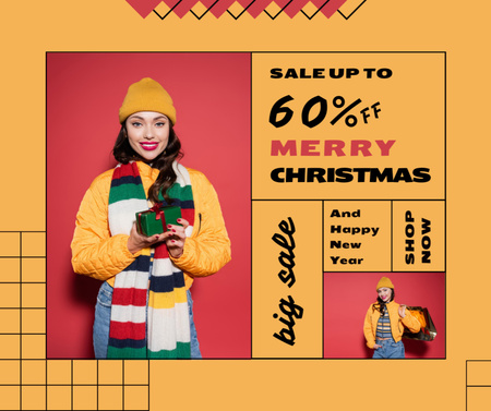 Smiling Woman Holding Present on Holiday Sale Facebook Design Template