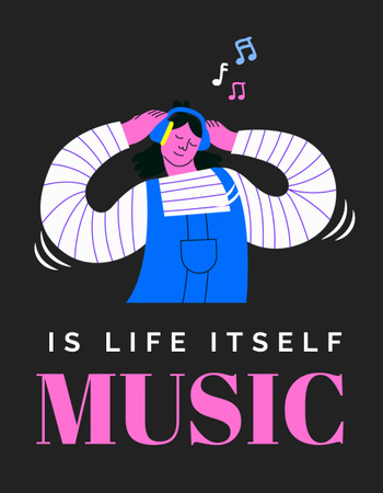 Girl in Overalls Listening to Music on Headphones T-Shirt Design Template