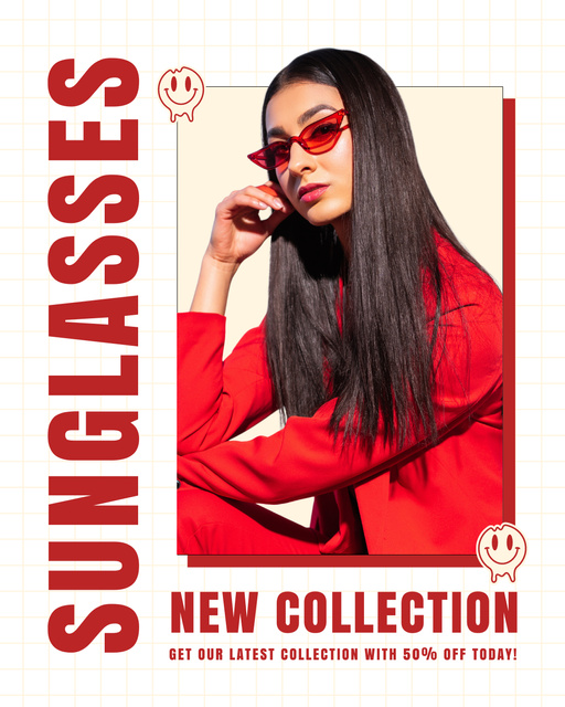 Promo of New Sunglasses Collection with Woman in Red Instagram Post Vertical Šablona návrhu