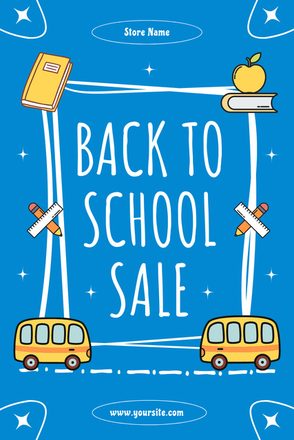 Modèle de visuel School Sale with School Buses on Blue - Pinterest