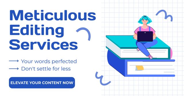 Top-notch Editing Services Offer With Books And Laptop Facebook AD – шаблон для дизайна