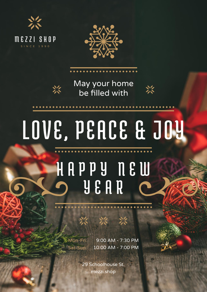 New Year Greeting with Decorations and Presents Poster A3 Modelo de Design