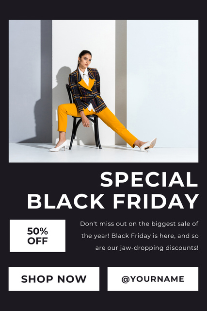 Designvorlage Special Black Friday Offer with Woman in Yellow Pants für Pinterest
