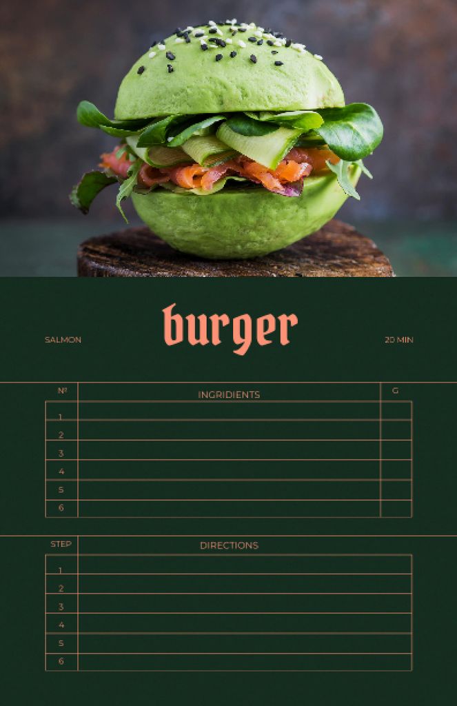 Delicious Burger with Green Buns Recipe Card Modelo de Design