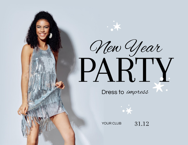 Woman in Impressive Dress on New Year Party Flyer 8.5x11in Horizontal tervezősablon