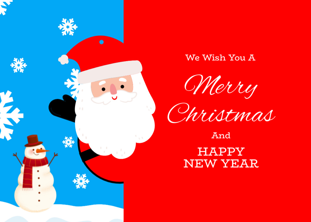 Plantilla de diseño de Christmas and New Year Wishes with Cute Santa and Snowman Illustration Postcard 5x7in 