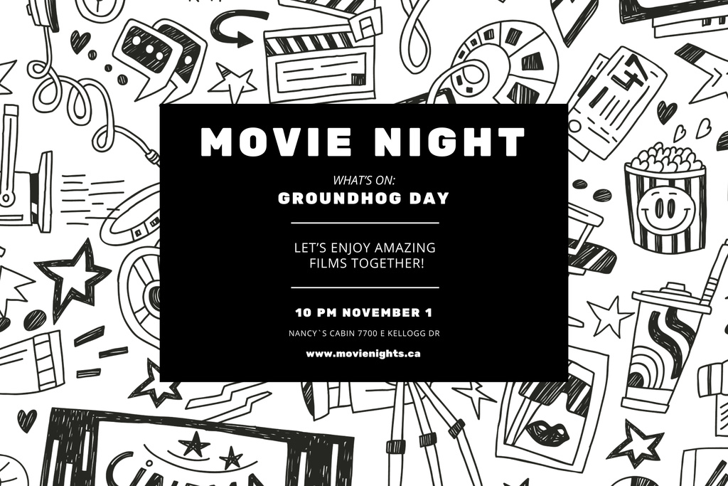 Ontwerpsjabloon van Poster 24x36in Horizontal van Movie Night Event with Icons of Cinematography Pattern