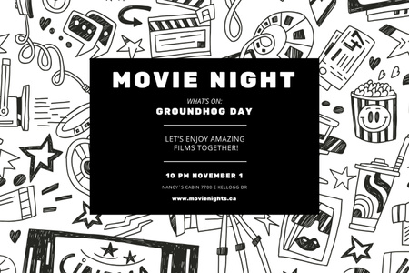 Plantilla de diseño de Evento de noche de cine con iconos de patrón cinematográfico Poster 24x36in Horizontal 