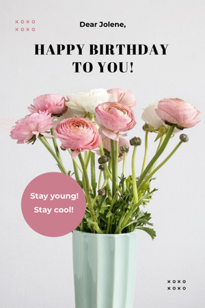 Designvorlage Birthday Greeting with Fresh Pink Flowers In Vases für Postcard 4x6in Vertical