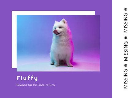 Plantilla de diseño de Información de perro perdido con cachorro blanco esponjoso en púrpura Flyer A6 Horizontal 