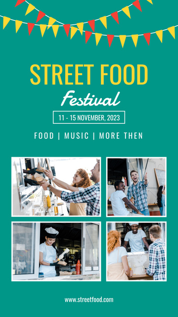 Street Food Festival Announcement with Customers near Booth Instagram Story Tasarım Şablonu