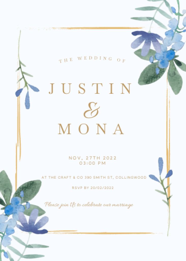 Wedding Celebration Announcement with Flowers in Frame Invitation Modelo de Design