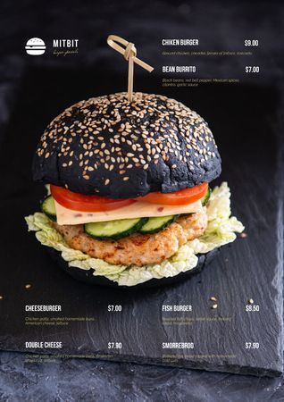 Ontwerpsjabloon van Menu van Delicious black Burger
