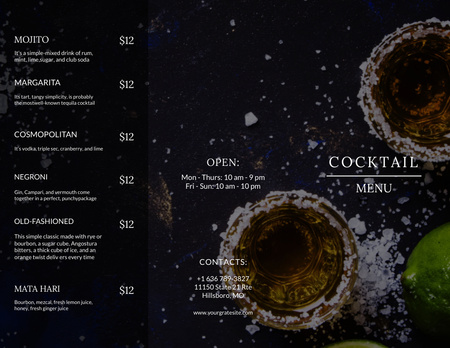 Cocktails Menu With Description And Ingredients Menu 11x8.5in Tri-Fold Design Template